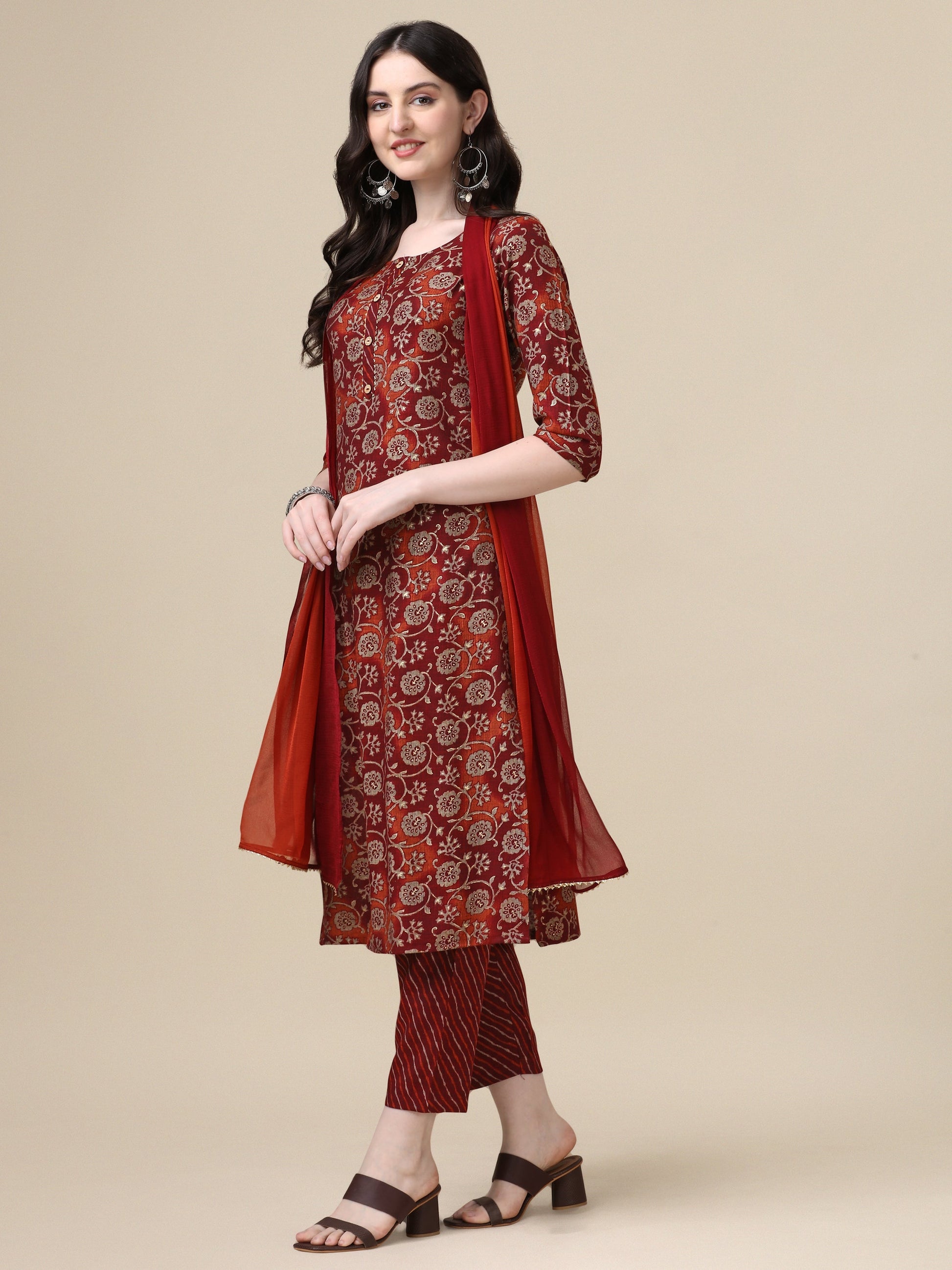 Printed Kurta With Pant & Dupatta Set, Multicolor - Hiral Fashion