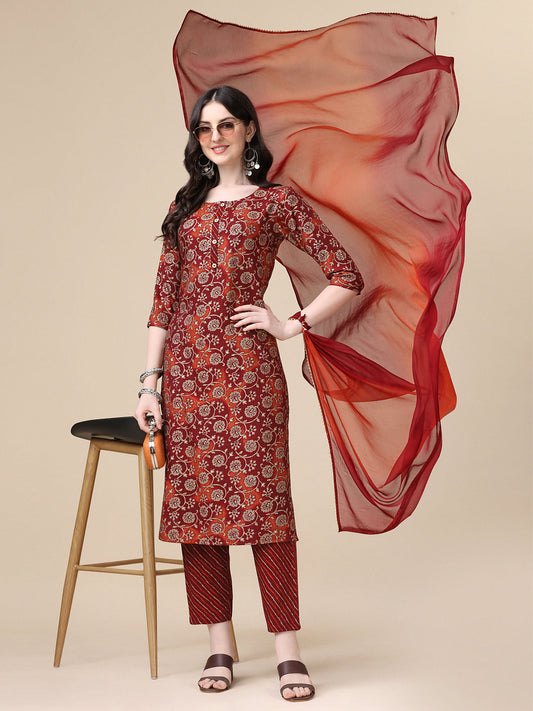 Printed Kurta With Pant & Dupatta Set, Multicolor - Hiral Fashion