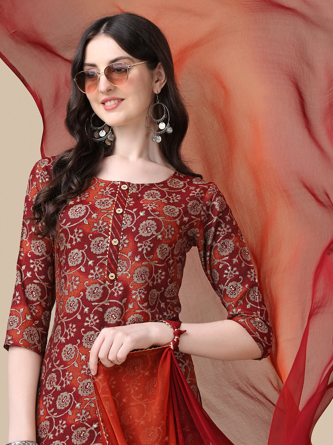 Printed Kurta With Pant & Dupatta Set, Multicolor - Hiral Fashion
