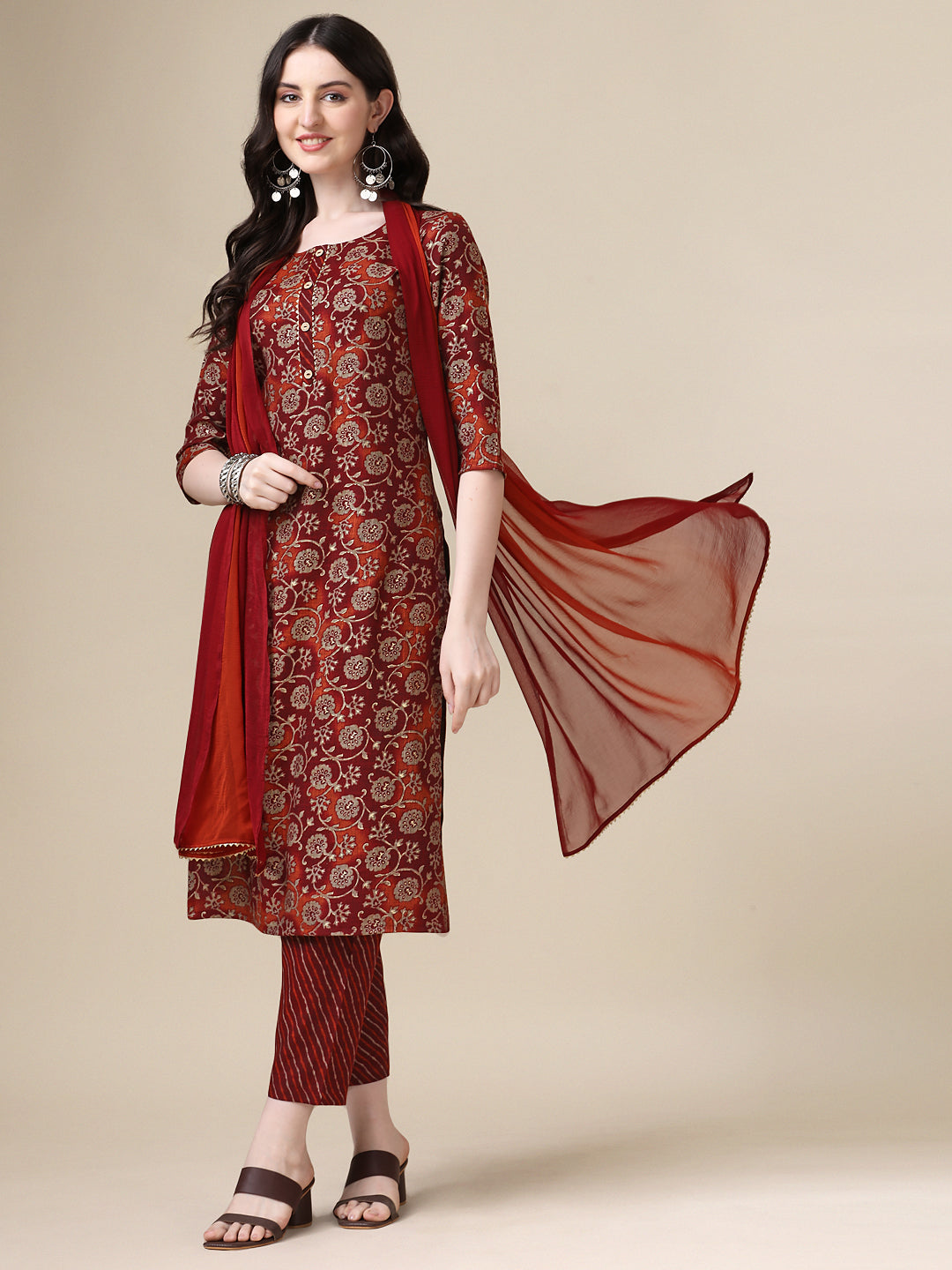 Printed Kurta With Pant & Dupatta Set, Multicolor - Hiral Fashion