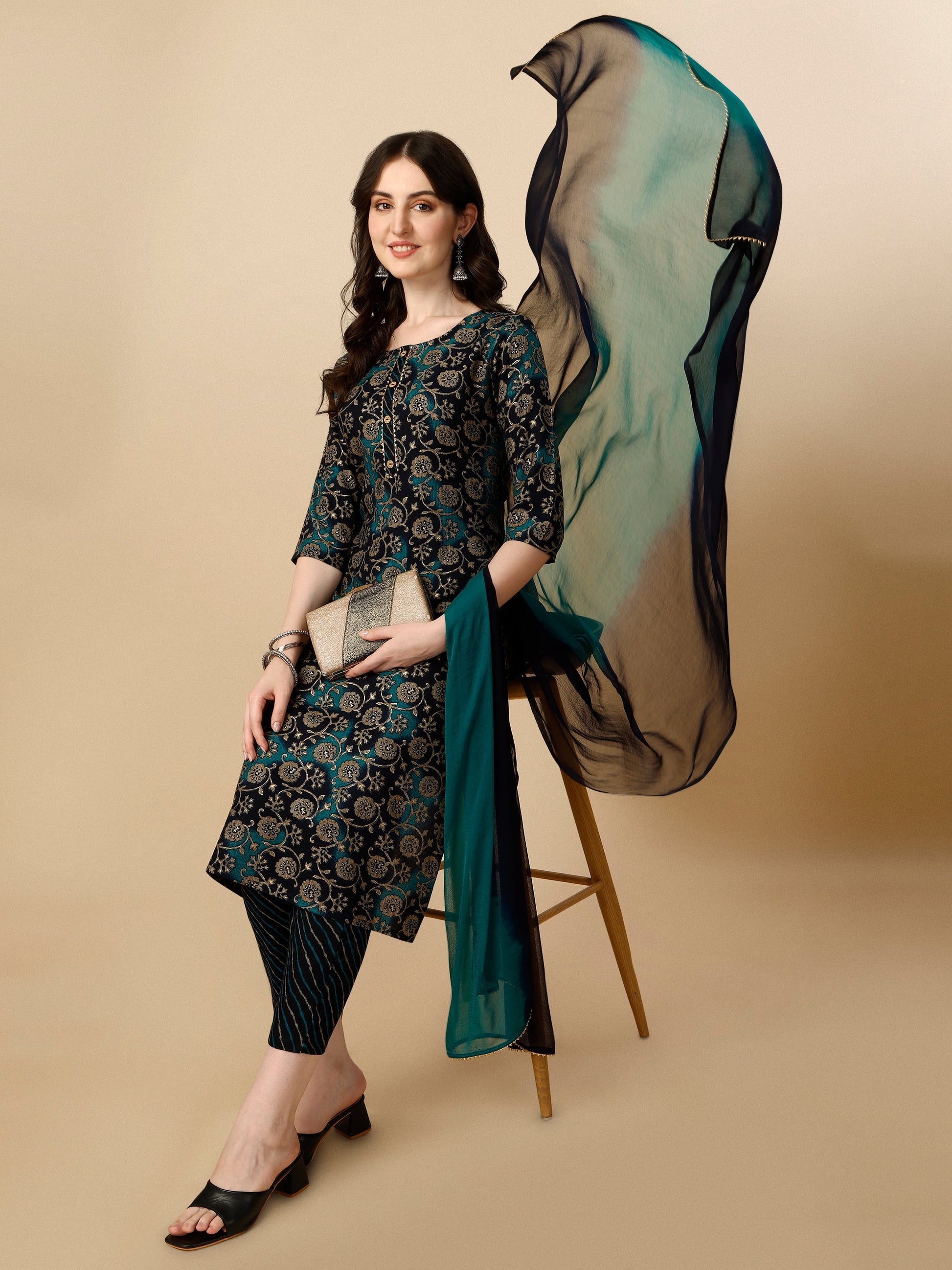 Printed Kurta With Pant & Dupatta Set, Multicolor - Hiral Fashion