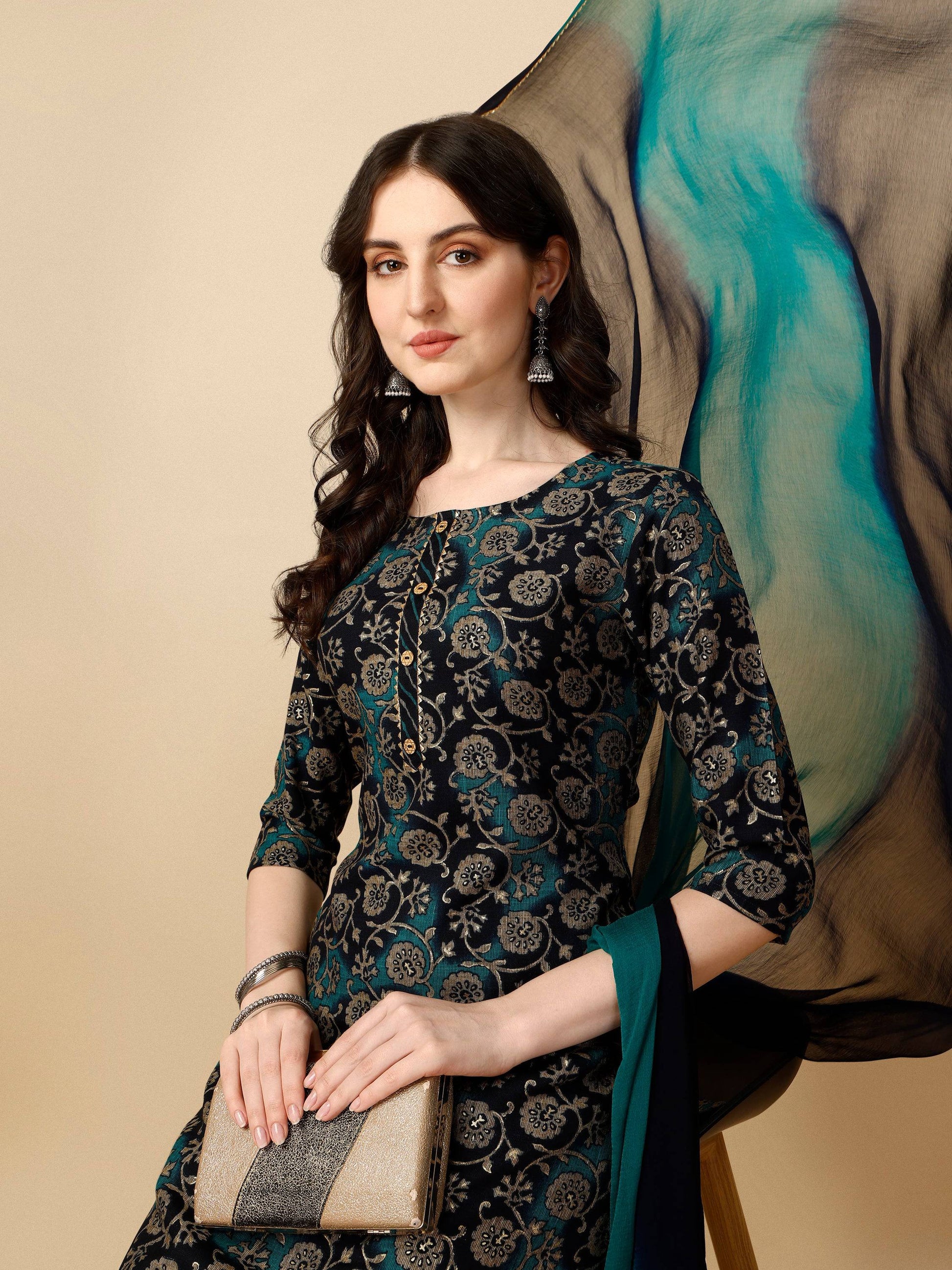 Printed Kurta With Pant & Dupatta Set, Multicolor - Hiral Fashion