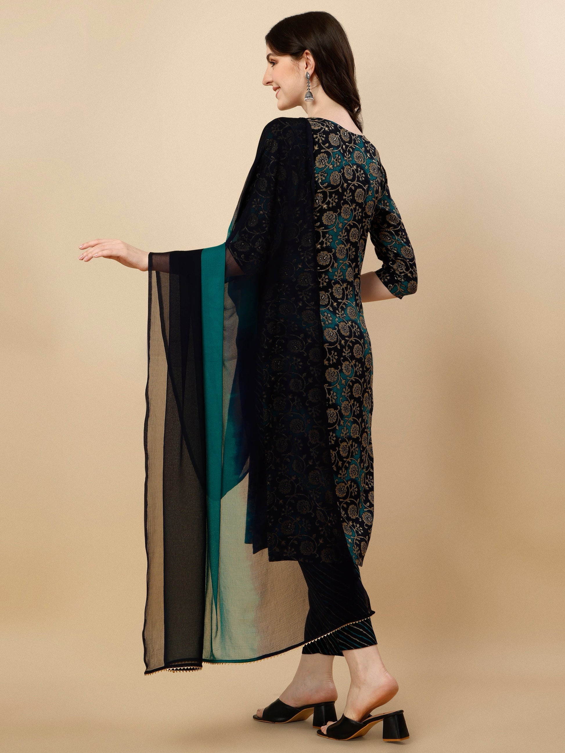 Printed Kurta With Pant & Dupatta Set, Multicolor - Hiral Fashion