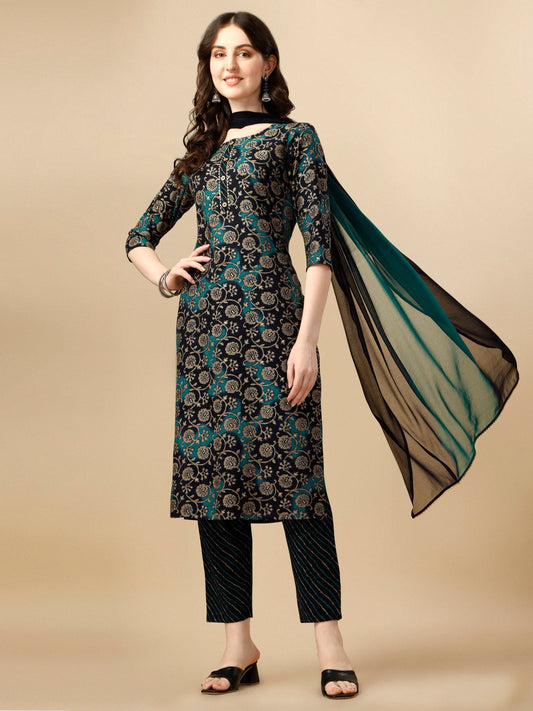 Printed Kurta With Pant & Dupatta Set, Multicolor - Hiral Fashion