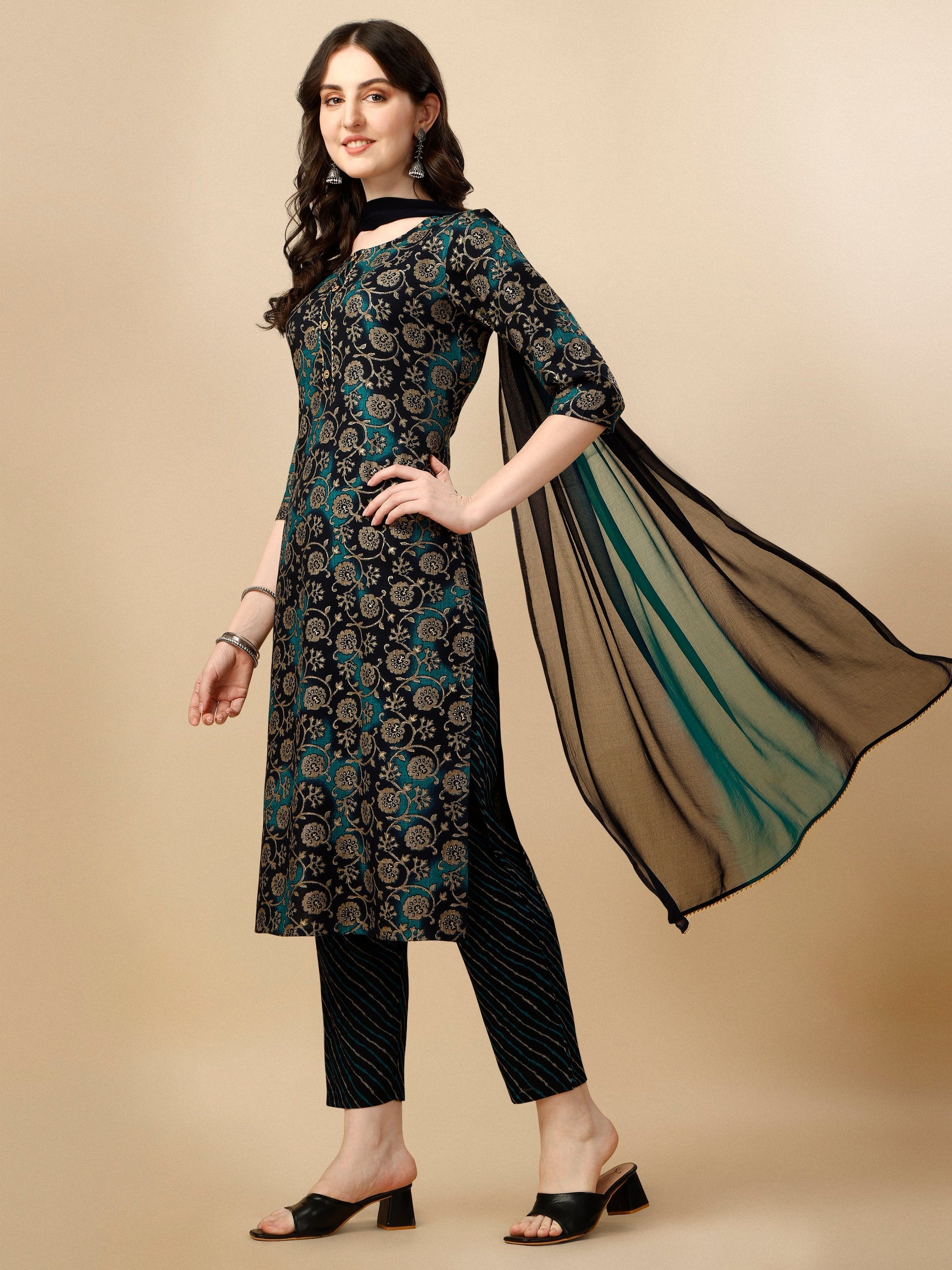 Printed Kurta With Pant & Dupatta Set, Multicolor - Hiral Fashion