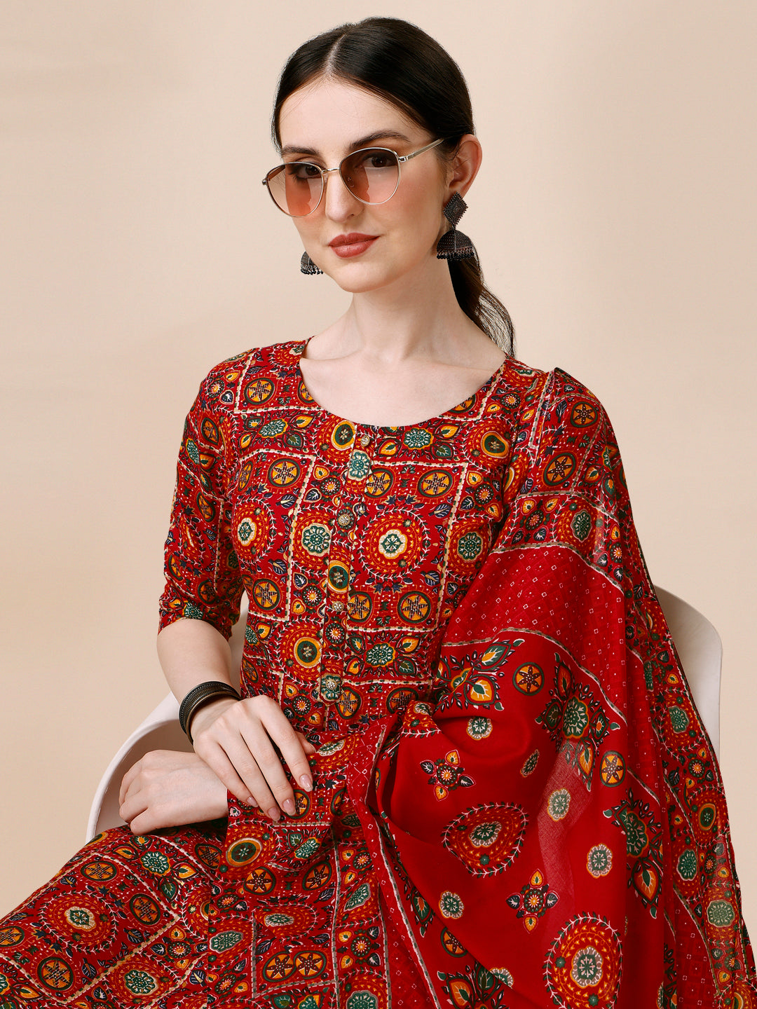 Cotton Printed Kurta With Pant & Dupatta Set, Multicolor - Hiral Fashion