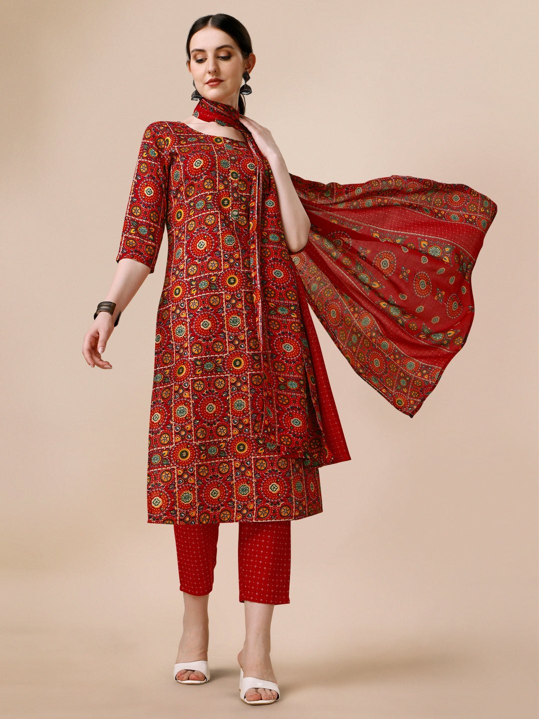 Cotton Printed Kurta With Pant & Dupatta Set, Multicolor - Hiral Fashion