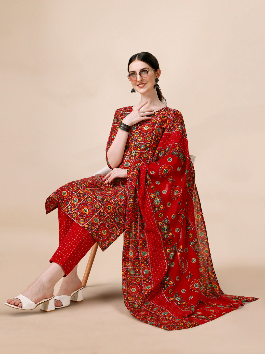 Cotton Printed Kurta With Pant & Dupatta Set, Multicolor - Hiral Fashion