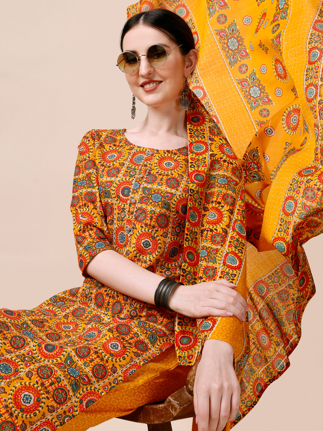 Cotton Printed Kurta With Pant & Dupatta Set, Multicolor - Hiral Fashion