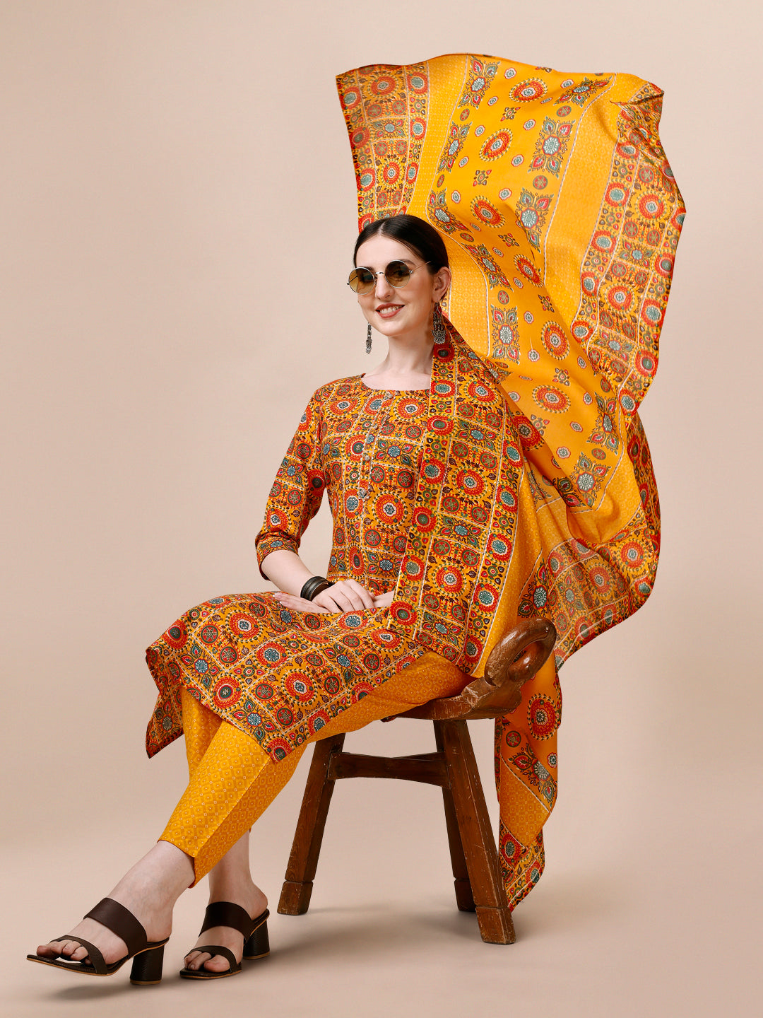 Cotton Printed Kurta With Pant & Dupatta Set, Multicolor - Hiral Fashion