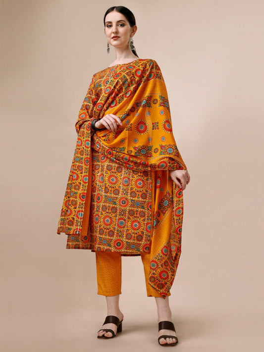 Cotton Printed Kurta With Pant & Dupatta Set, Multicolor - Hiral Fashion