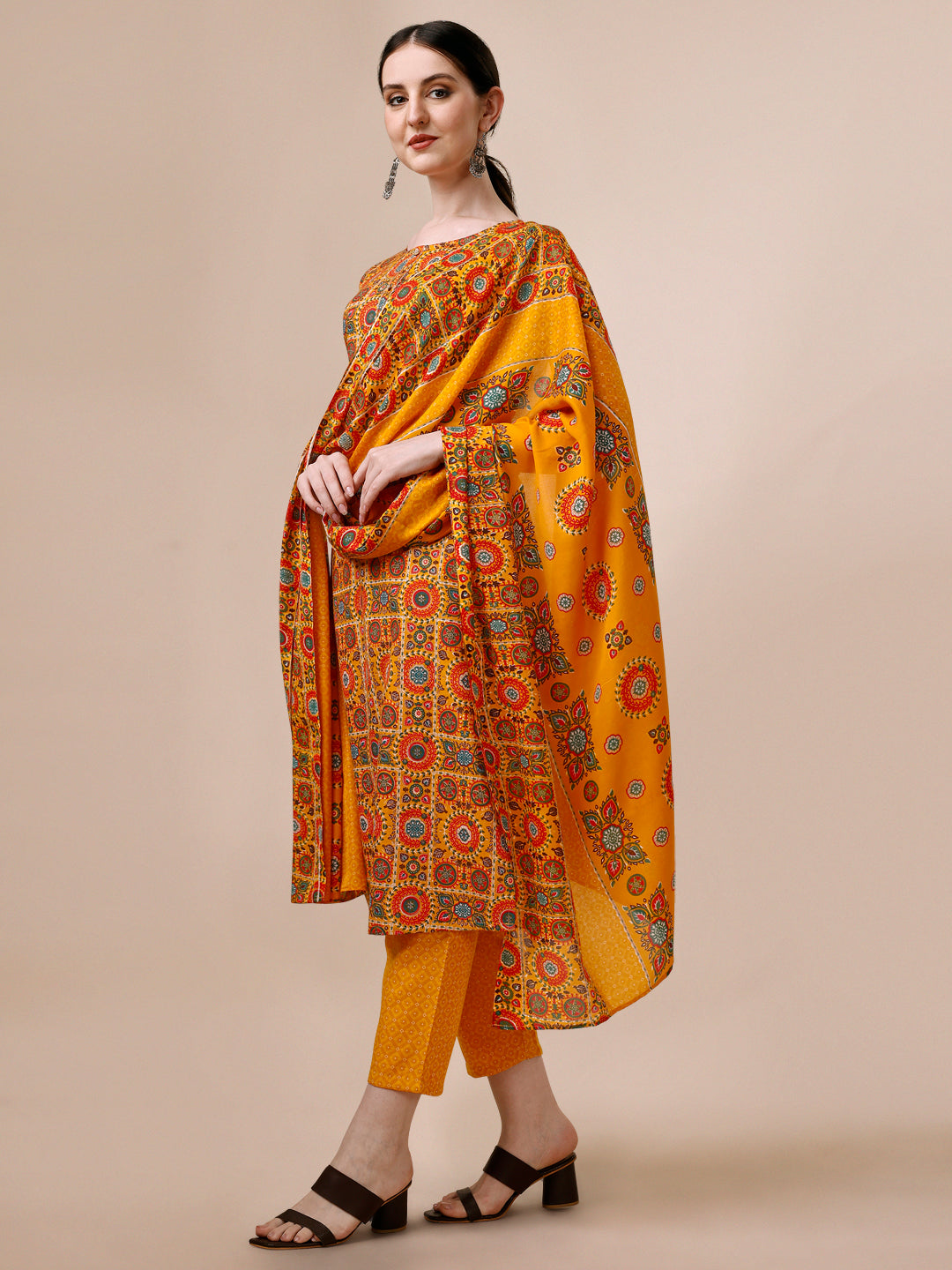Cotton Printed Kurta With Pant & Dupatta Set, Multicolor - Hiral Fashion