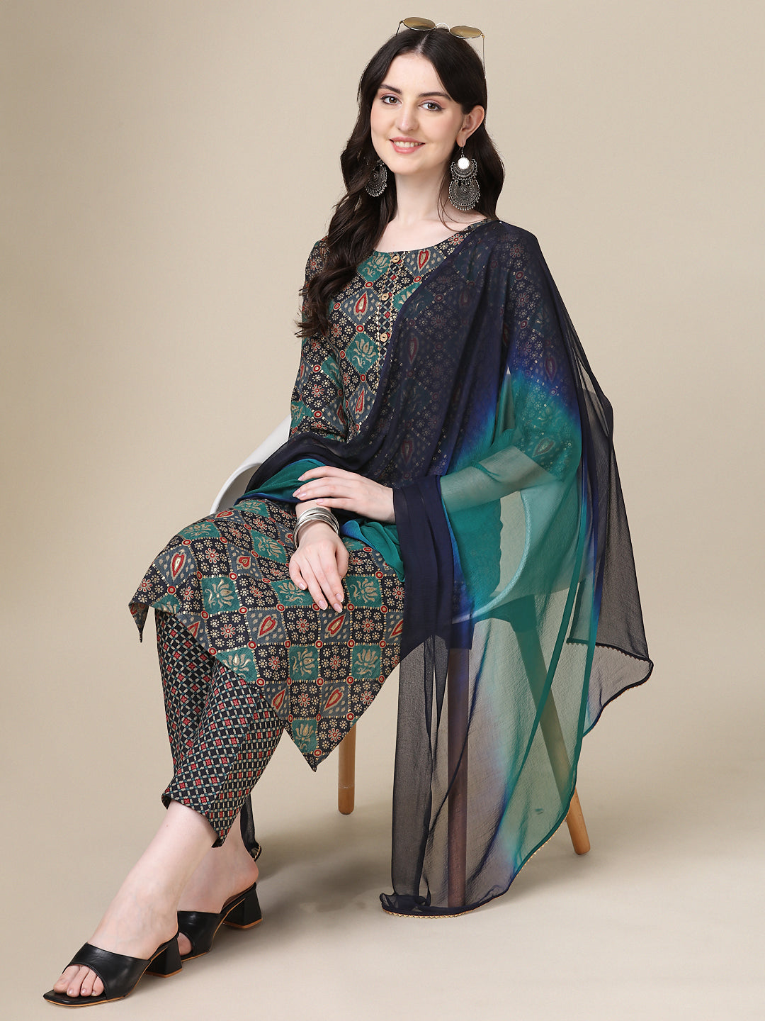 Printed Kurta With Pant & Dupatta Set, Multicolor - Hiral Fashion