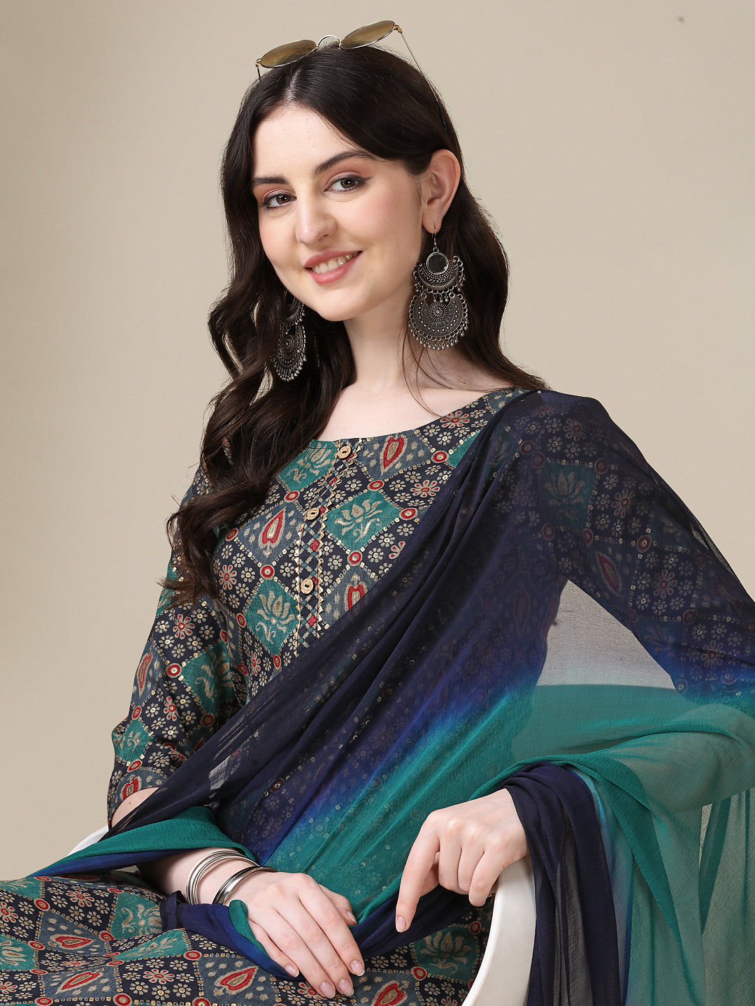 Printed Kurta With Pant & Dupatta Set, Multicolor - Hiral Fashion