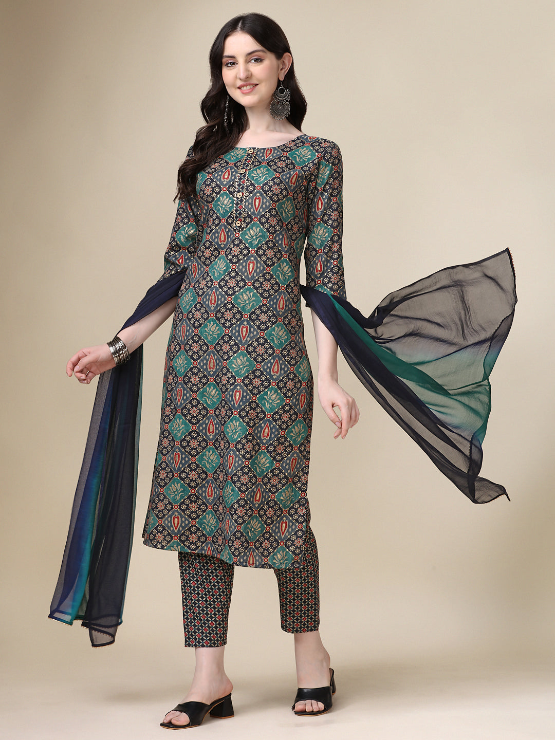 Printed Kurta With Pant & Dupatta Set, Multicolor - Hiral Fashion
