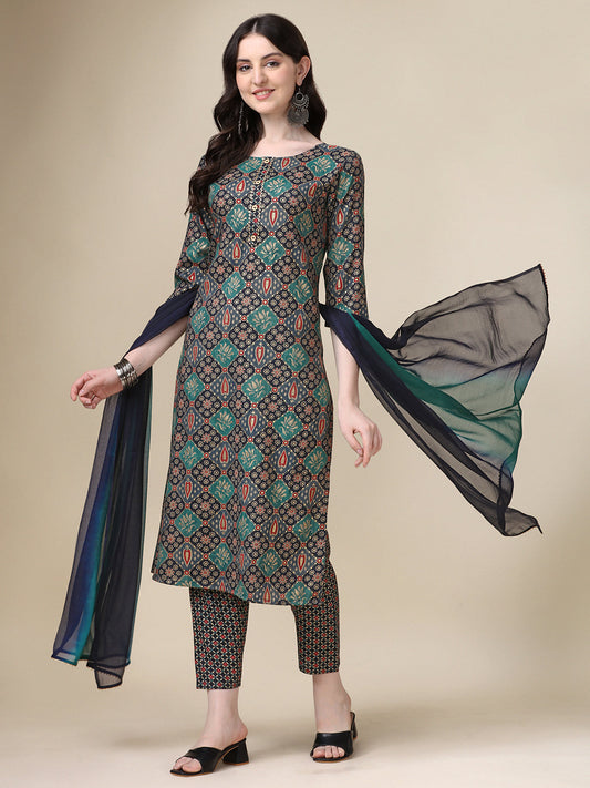 Printed Kurta With Pant & Dupatta Set, Multicolor - Hiral Fashion