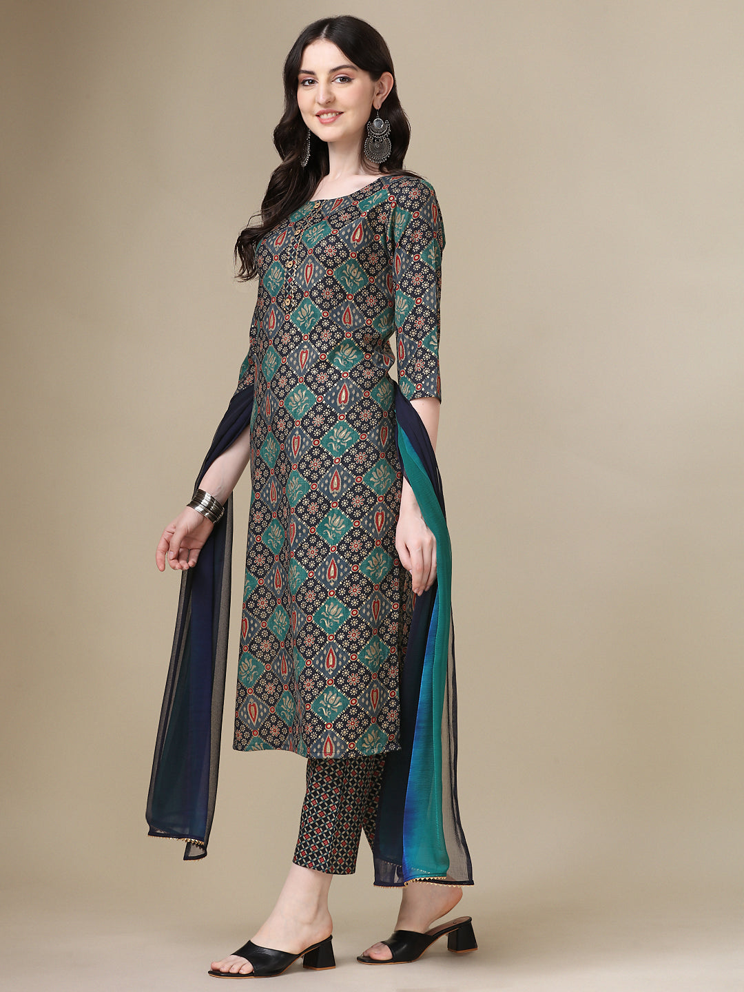 Printed Kurta With Pant & Dupatta Set, Multicolor - Hiral Fashion