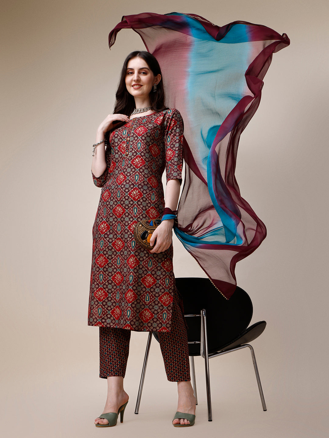 Printed Kurta With Pant & Dupatta Set, Multicolor - Hiral Fashion
