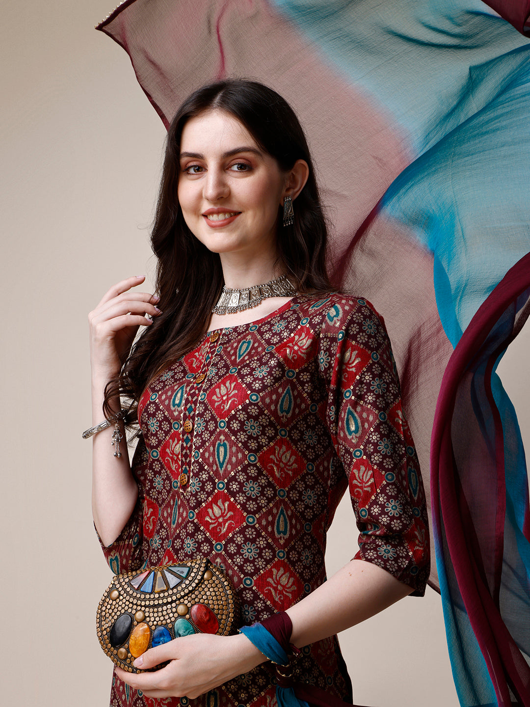 Printed Kurta With Pant & Dupatta Set, Multicolor - Hiral Fashion