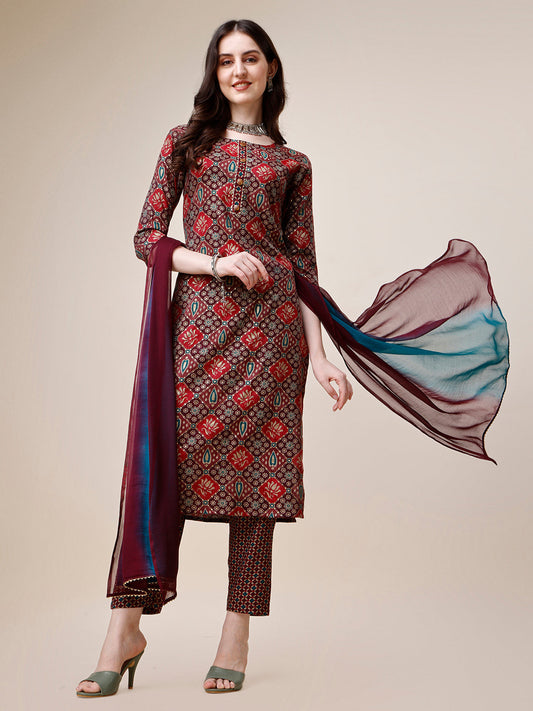 Printed Kurta With Pant & Dupatta Set, Multicolor - Hiral Fashion