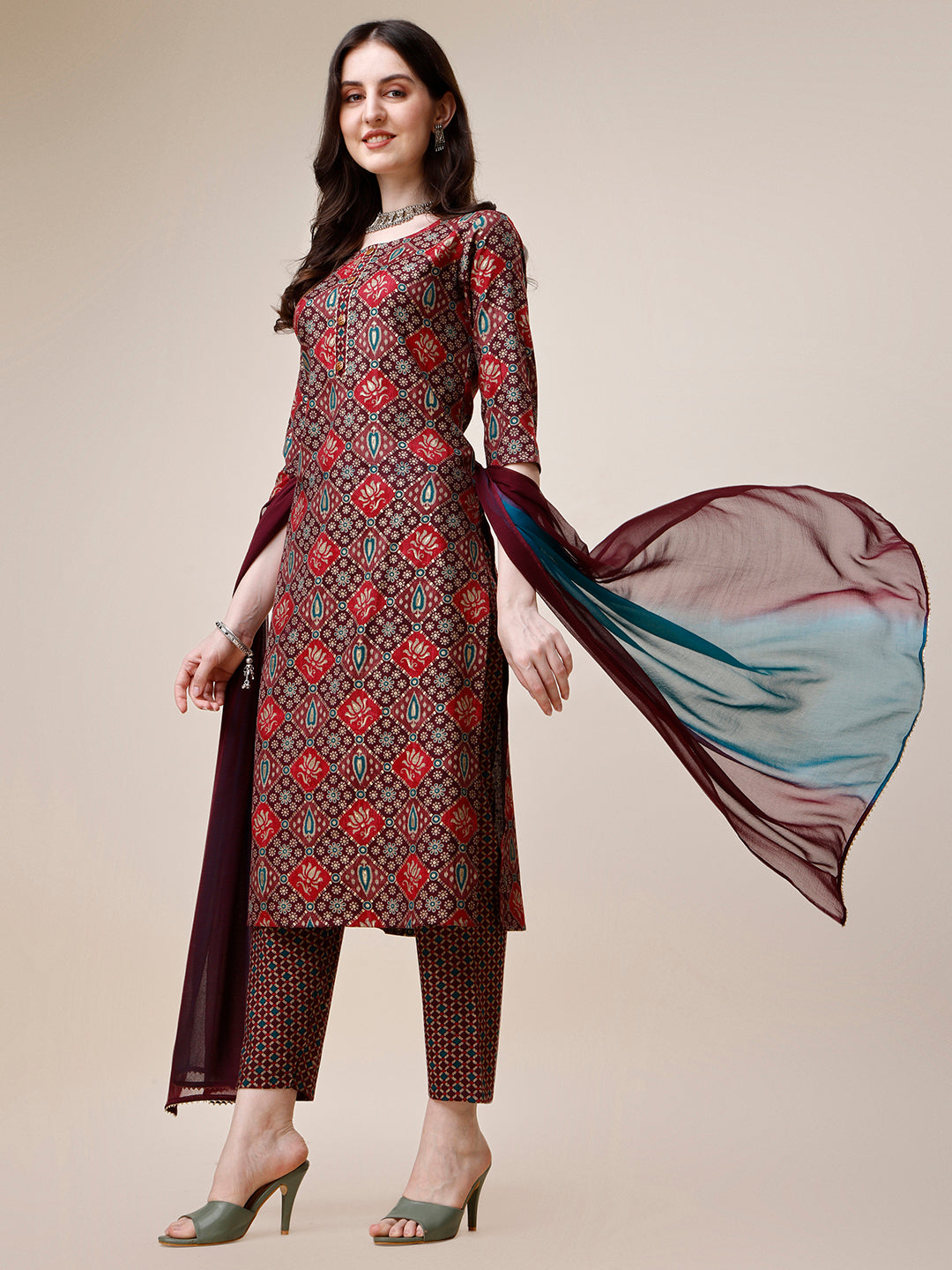 Printed Kurta With Pant & Dupatta Set, Multicolor - Hiral Fashion