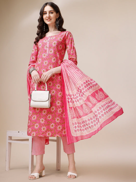 Printed A-Line Kurta With Pant And Dupatta Set, Multicolor - Hiral Fashion