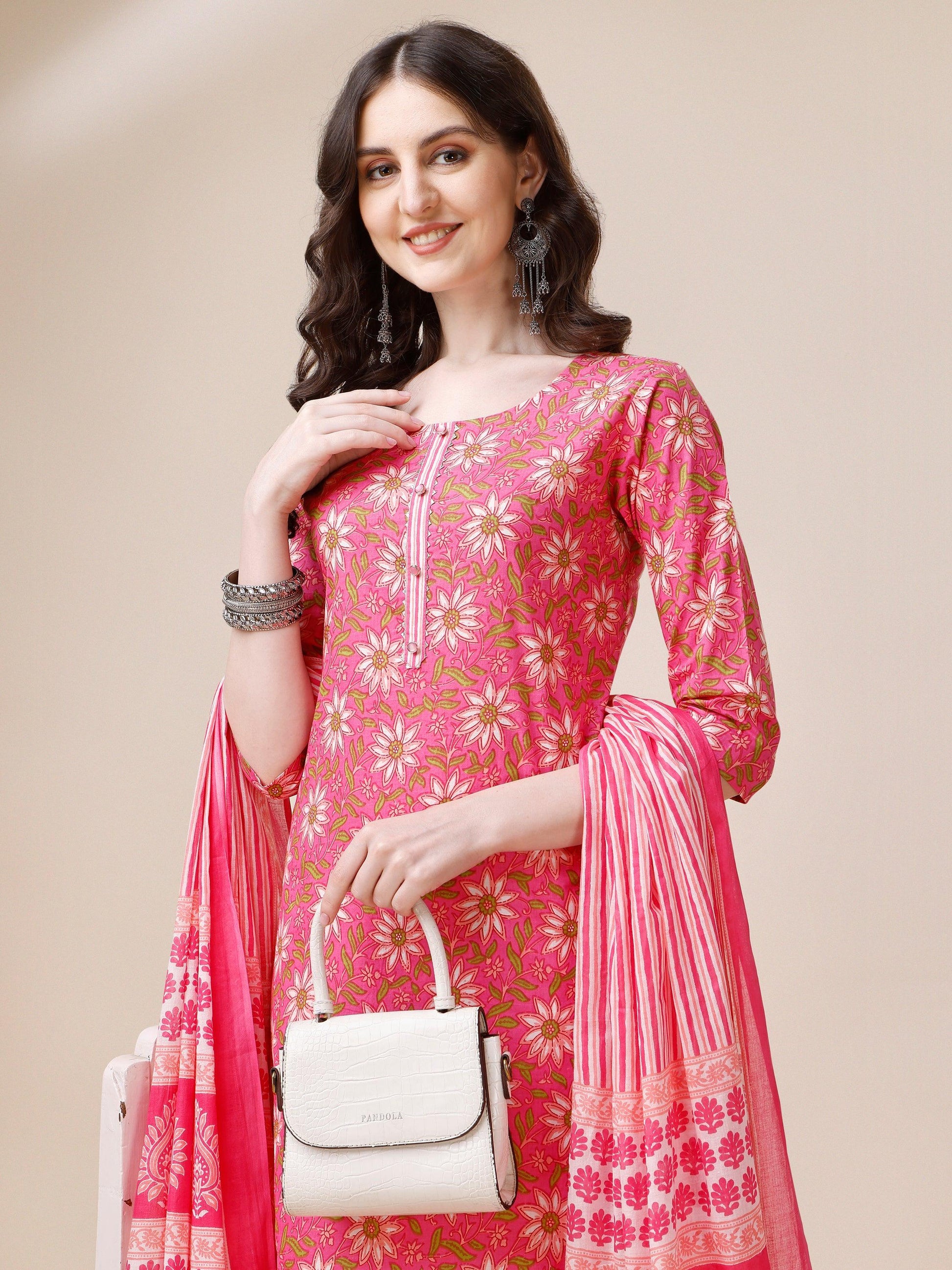 Printed A-Line Kurta With Pant And Dupatta Set, Multicolor - Hiral Fashion