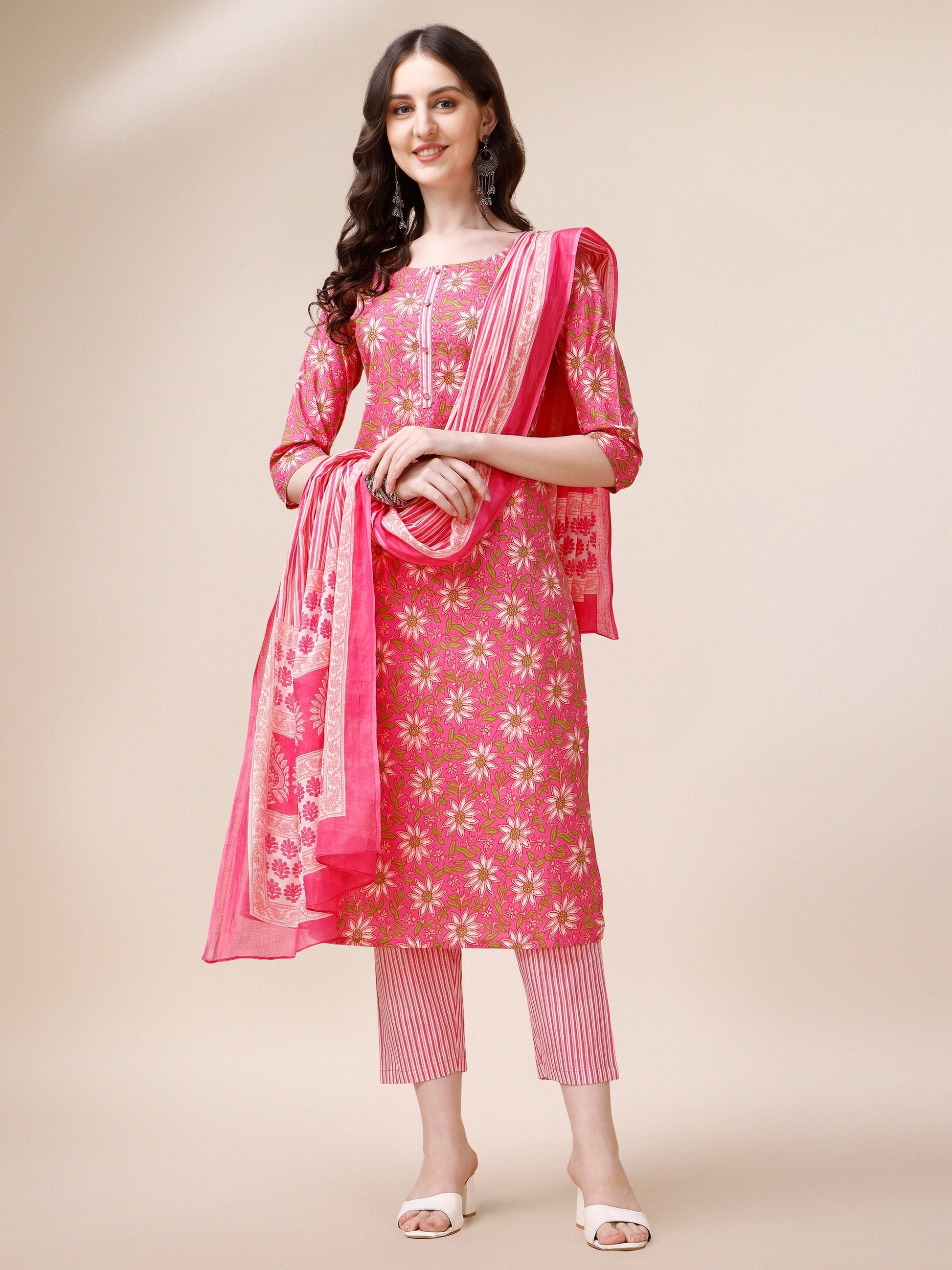 Printed A-Line Kurta With Pant And Dupatta Set, Multicolor - Hiral Fashion