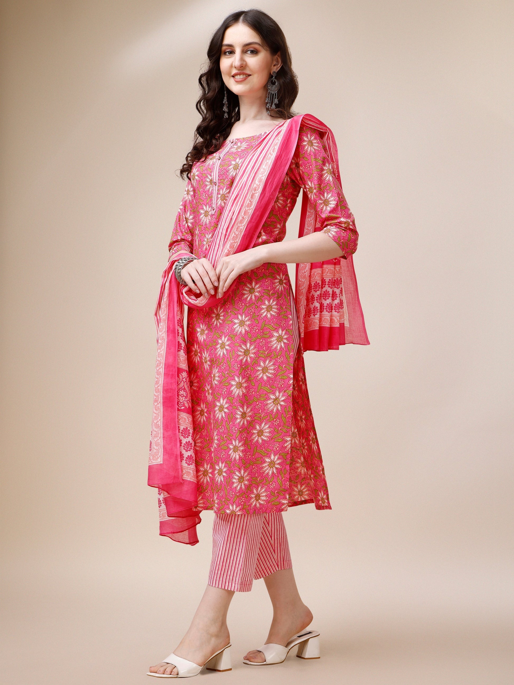 Printed A-Line Kurta With Pant And Dupatta Set, Multicolor - Hiral Fashion