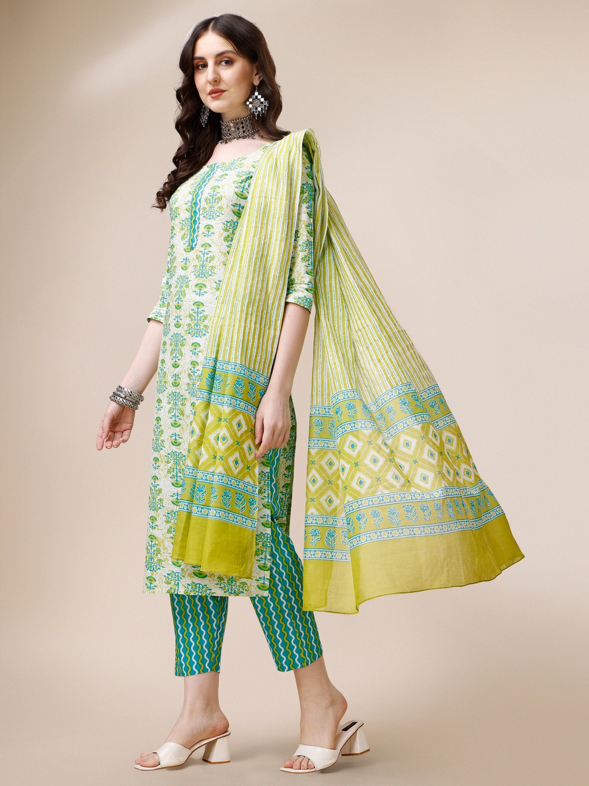 Block Printed Cotton Kurta With Pant And Dupatta Set, Multicolor - Hiral Fashion