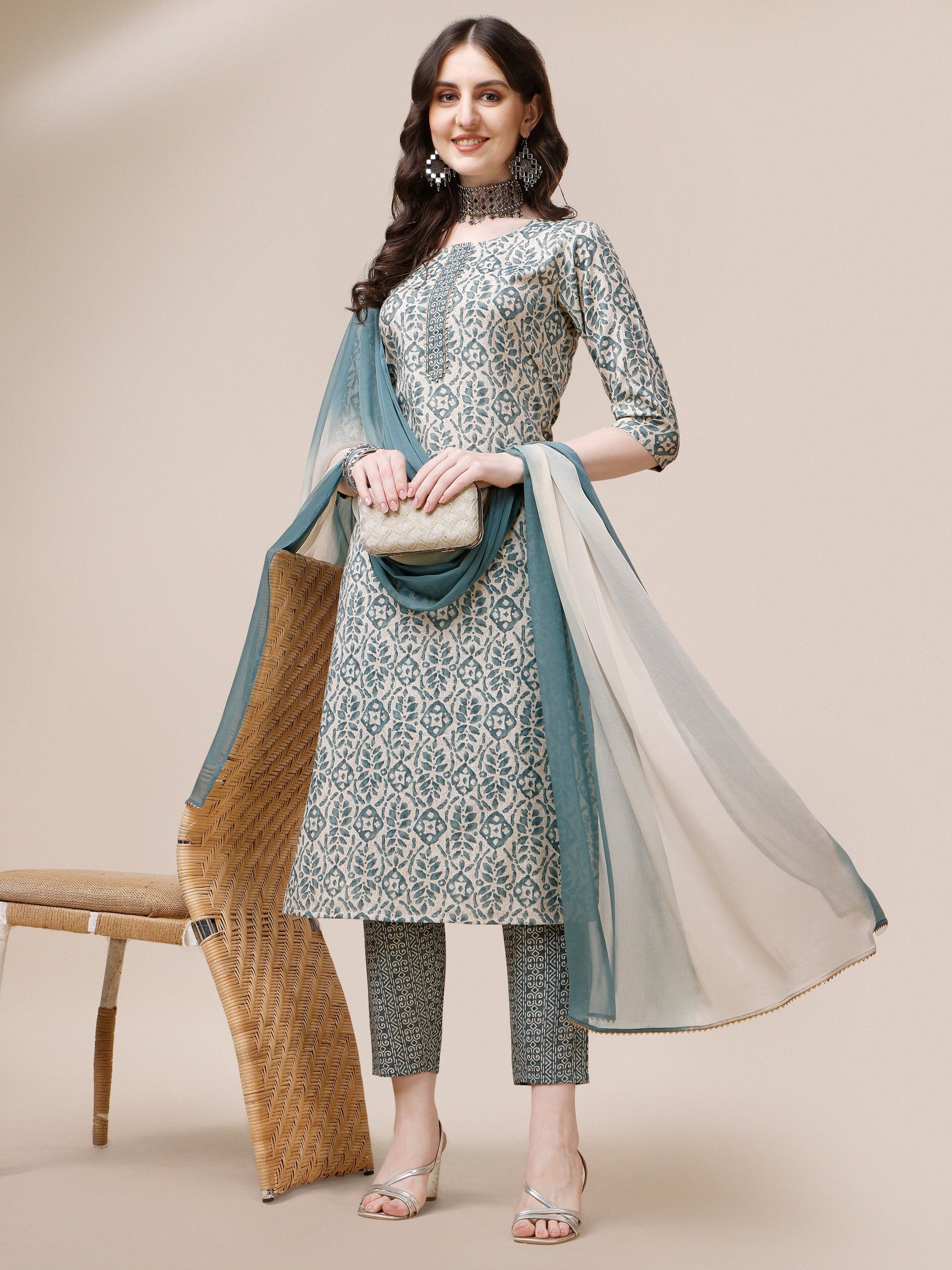 Printed Kurta With Pant And Dupatta Set, Multicolor - Hiral Fashion