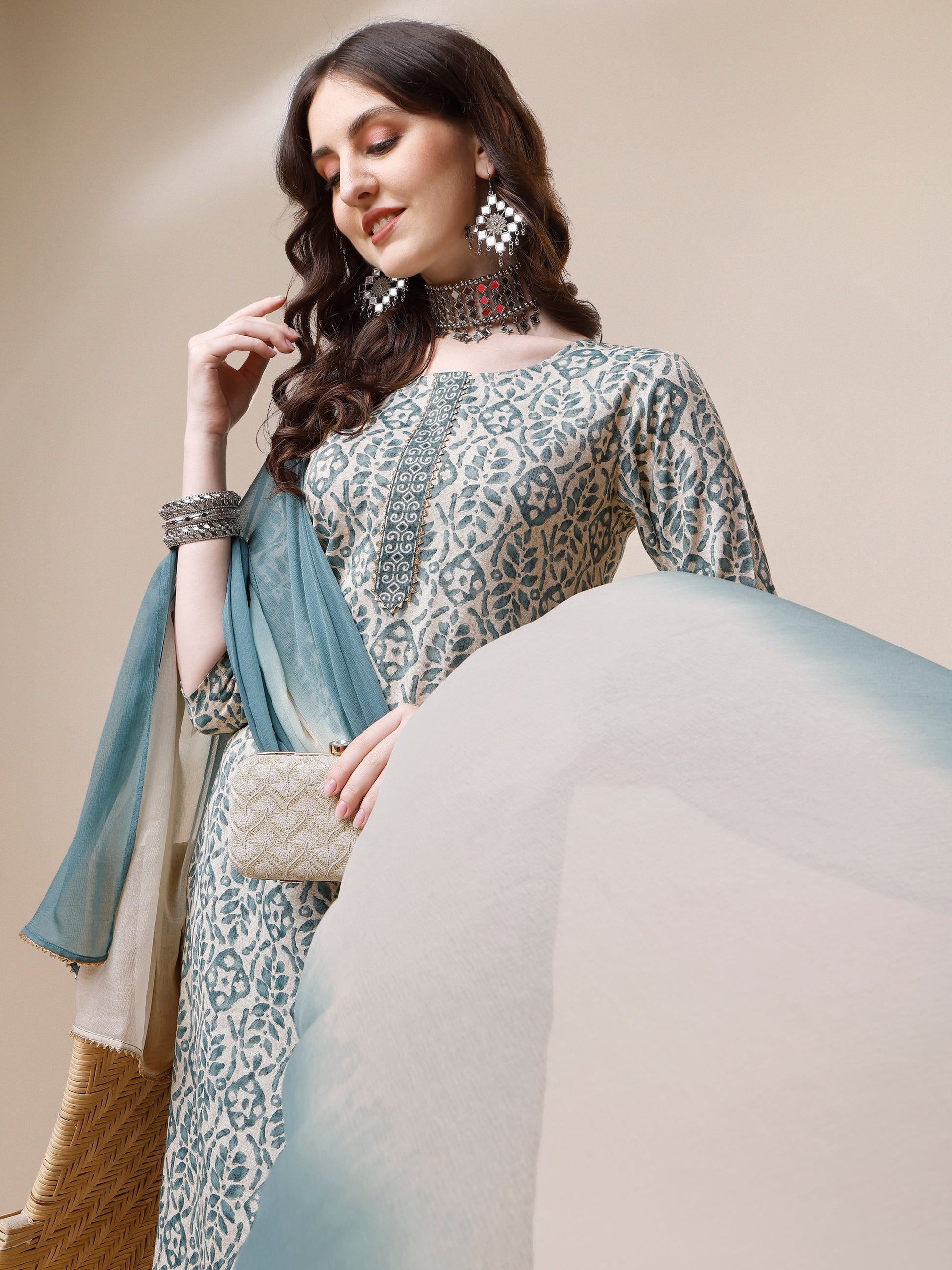 Printed Kurta With Pant And Dupatta Set, Multicolor - Hiral Fashion