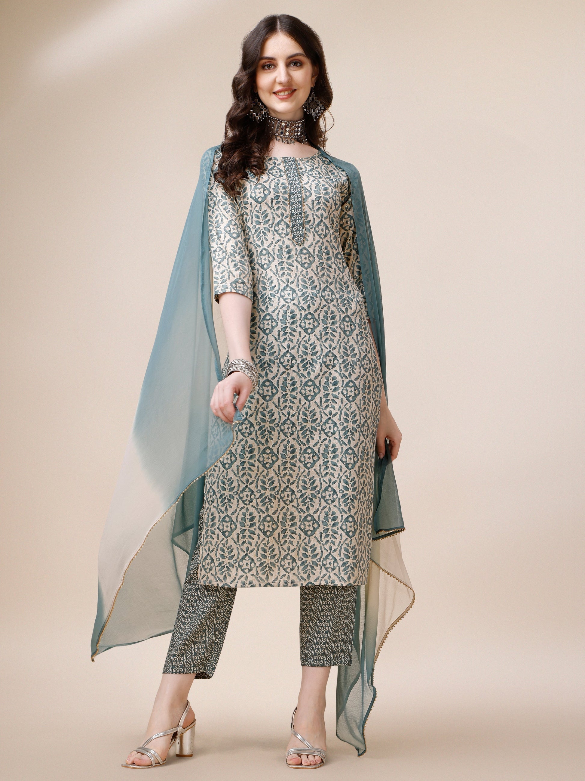 Printed Kurta With Pant And Dupatta Set, Multicolor - Hiral Fashion