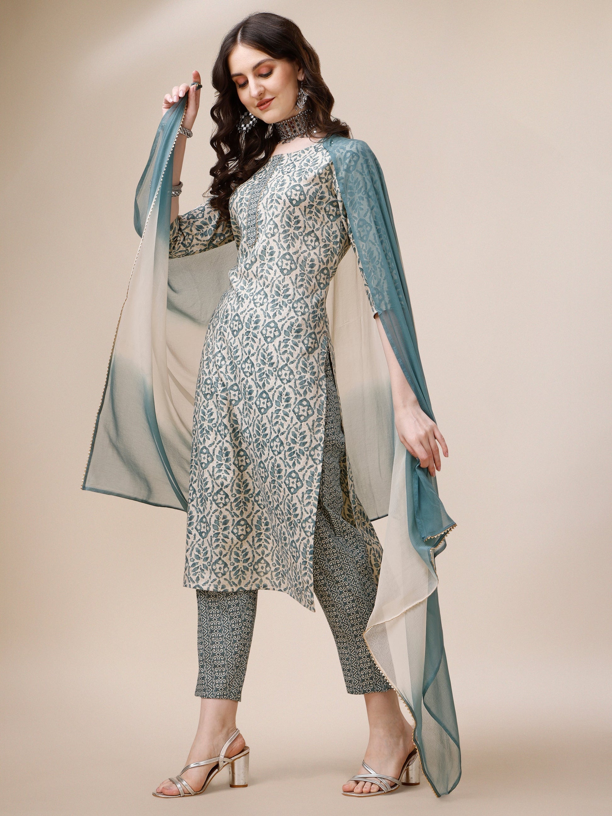 Printed Kurta With Pant And Dupatta Set, Multicolor - Hiral Fashion