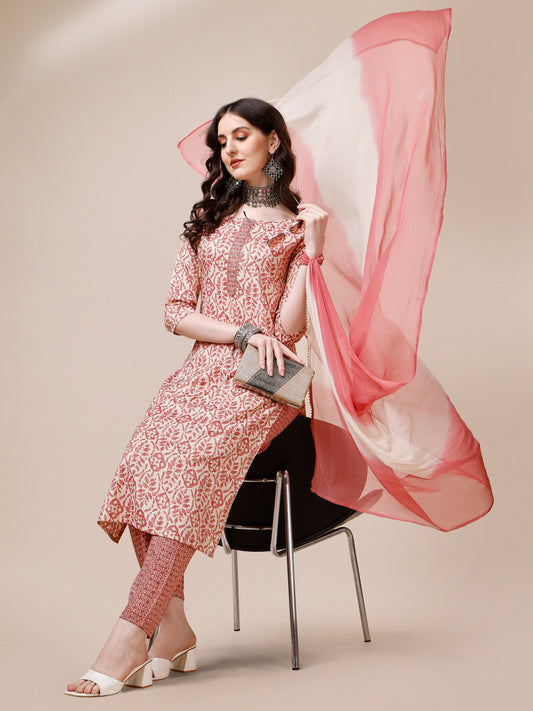 Printed Kurta With Pant And Dupatta Set, Multicolor - Hiral Fashion