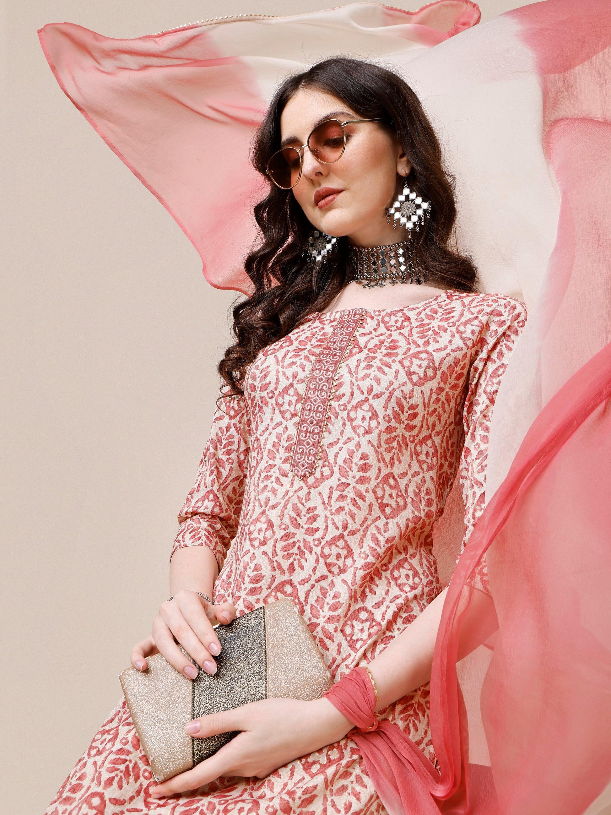 Printed Kurta With Pant And Dupatta Set, Multicolor - Hiral Fashion