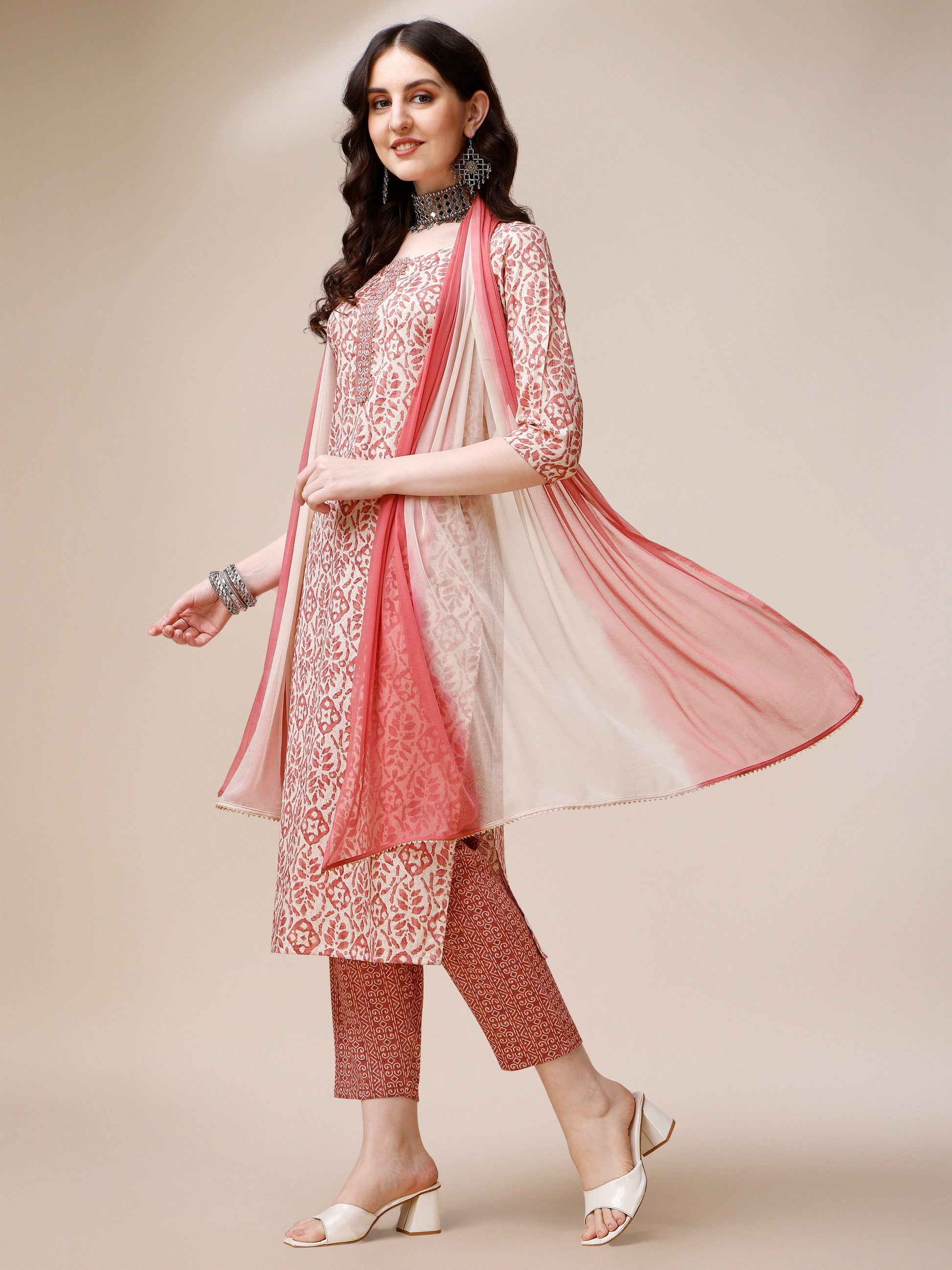 Printed Kurta With Pant And Dupatta Set, Multicolor - Hiral Fashion
