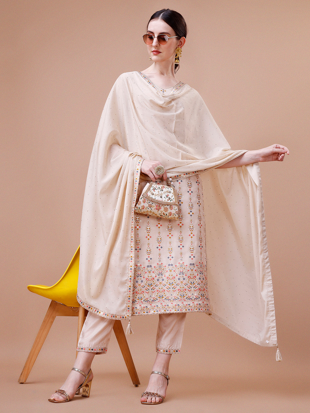 Pure Muslin Banarasi Jacquard Kurta Trousers & Dupatta, Multicolor - Hiral Fashion