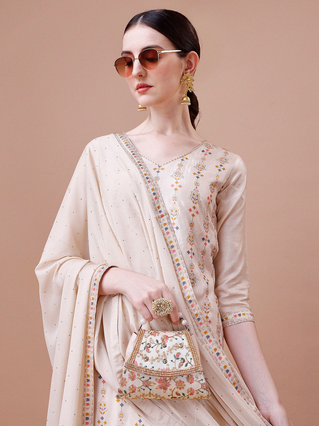 Pure Muslin Banarasi Jacquard Kurta Trousers & Dupatta, Multicolor - Hiral Fashion
