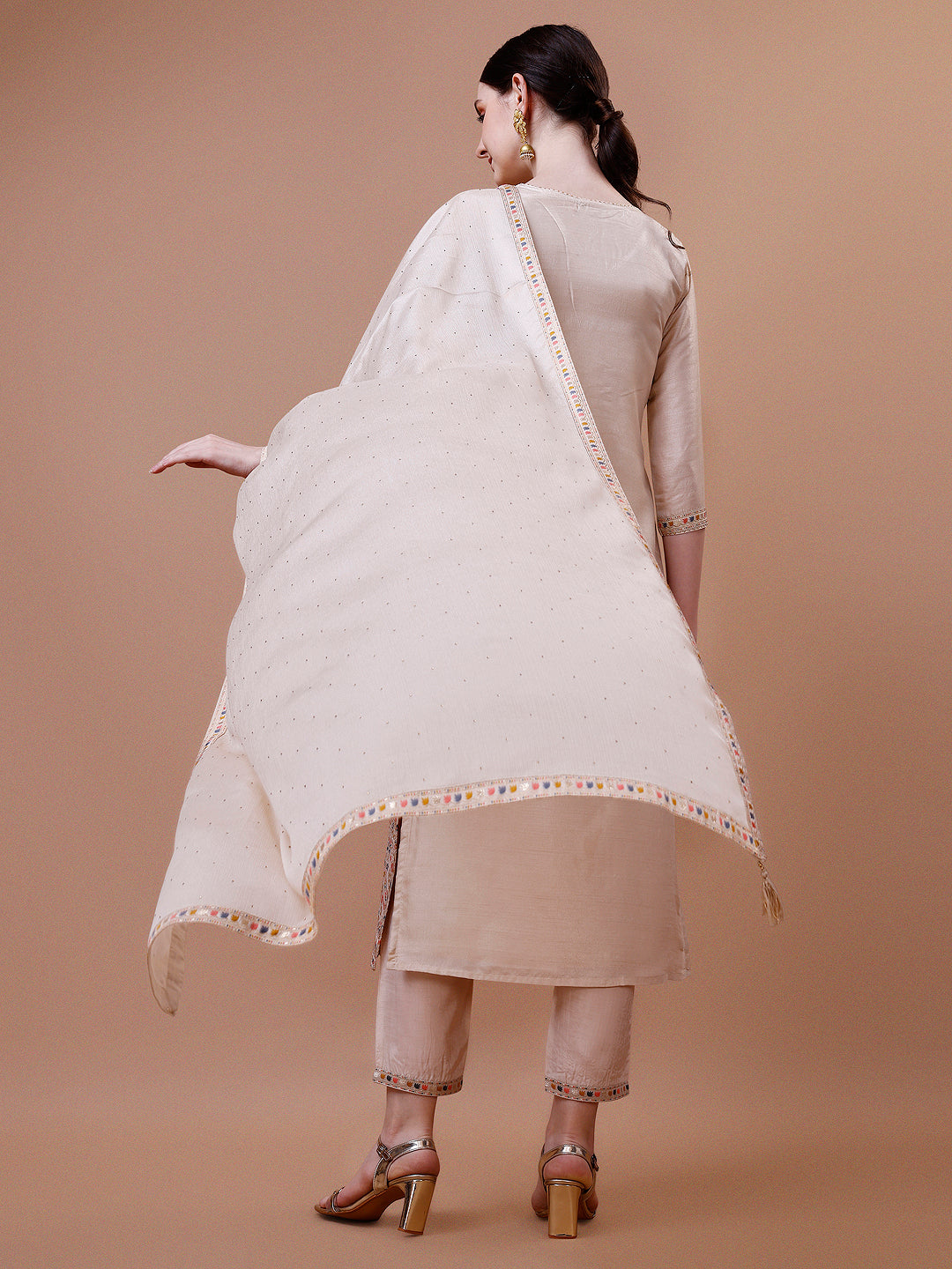 Pure Muslin Banarasi Jacquard Kurta Trousers & Dupatta, Multicolor - Hiral Fashion