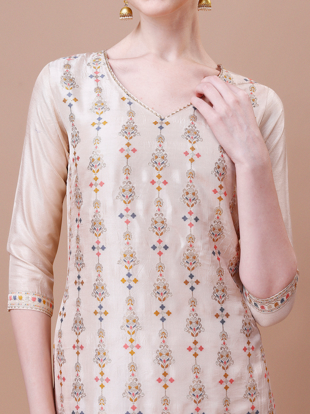 Pure Muslin Banarasi Jacquard Kurta Trousers & Dupatta, Multicolor - Hiral Fashion
