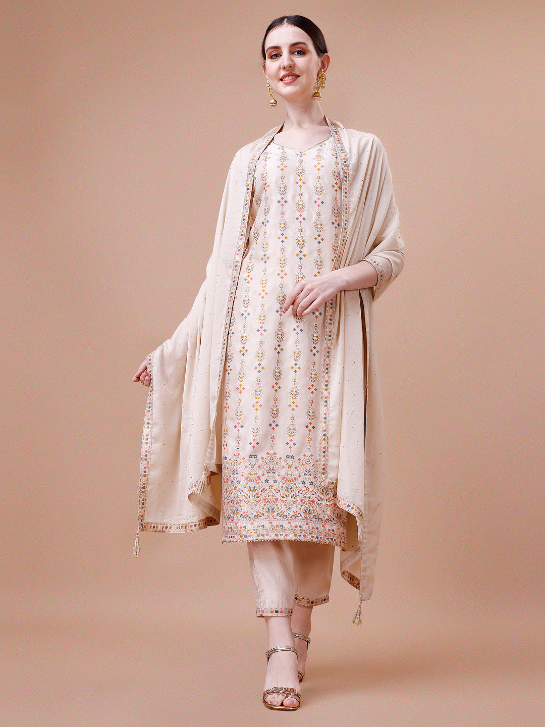 Pure Muslin Banarasi Jacquard Kurta Trousers & Dupatta, Multicolor - Hiral Fashion