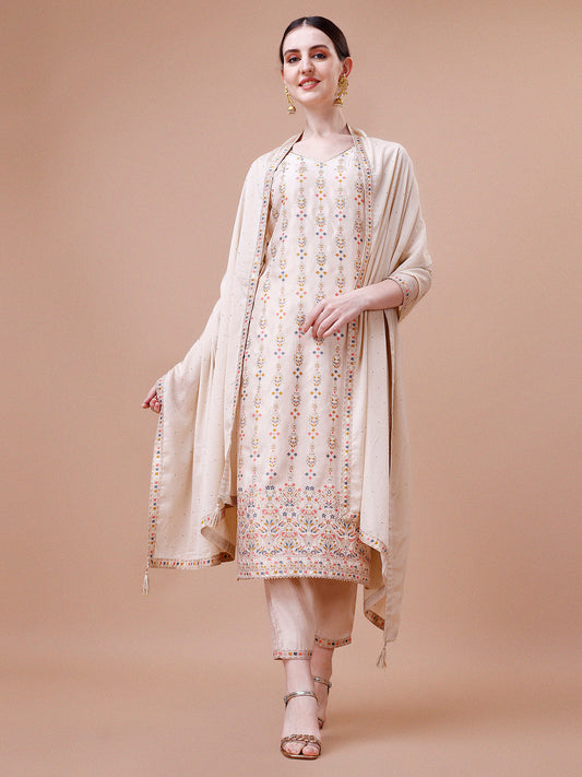 Pure Muslin Banarasi Jacquard Kurta Trousers & Dupatta, Multicolor - Hiral Fashion