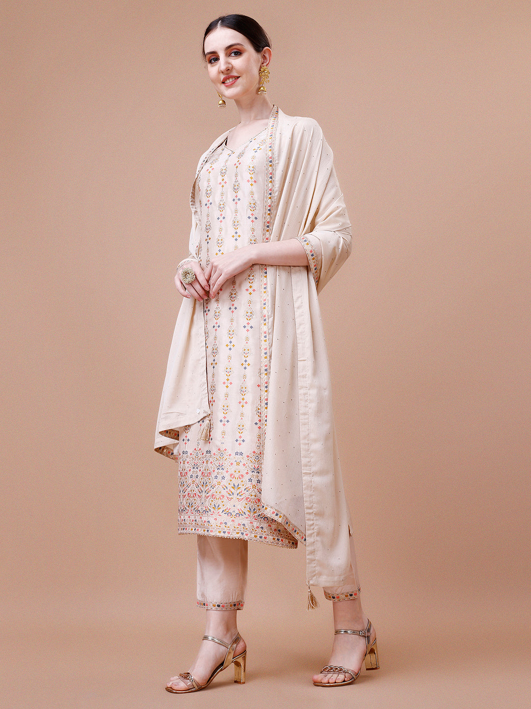 Pure Muslin Banarasi Jacquard Kurta Trousers & Dupatta, Multicolor - Hiral Fashion