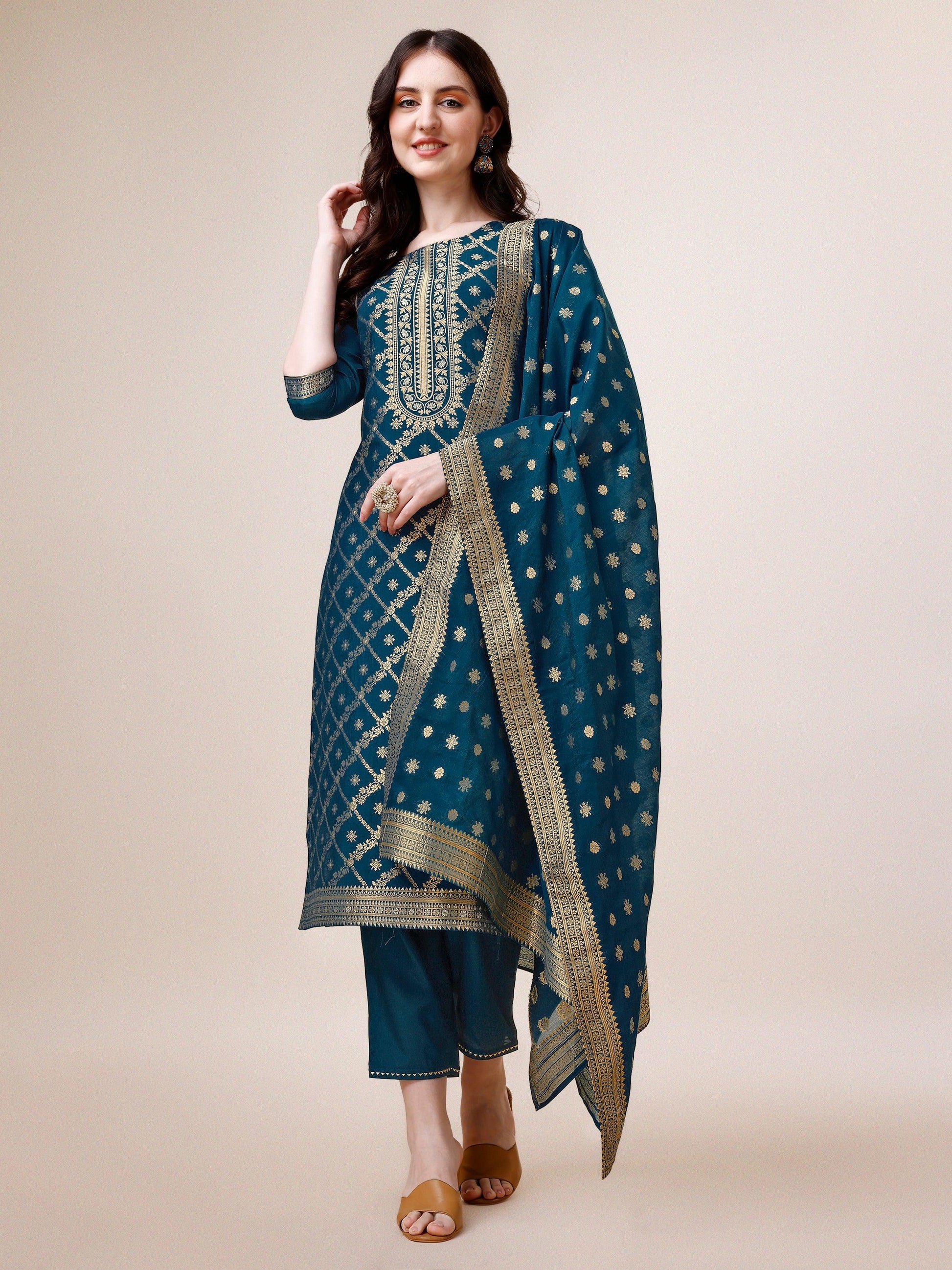 Pure Maslin Jacquard Kurta With Pant And Dupatta Set, Multicolor - Hiral Fashion