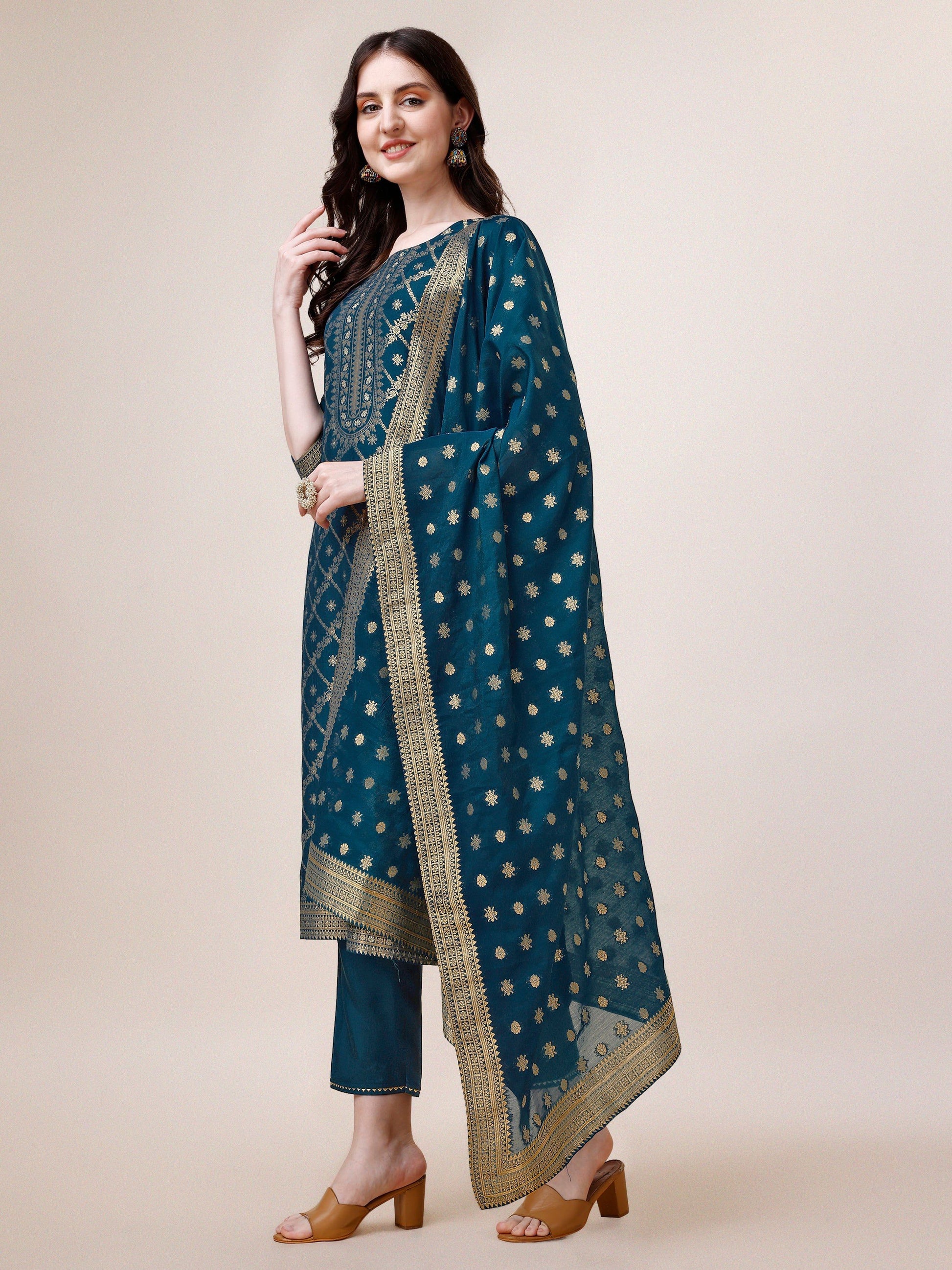 Pure Maslin Jacquard Kurta With Pant And Dupatta Set, Multicolor - Hiral Fashion