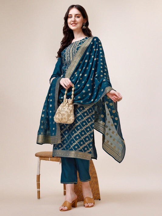 Pure Maslin Jacquard Kurta With Pant And Dupatta Set, Multicolor - Hiral Fashion