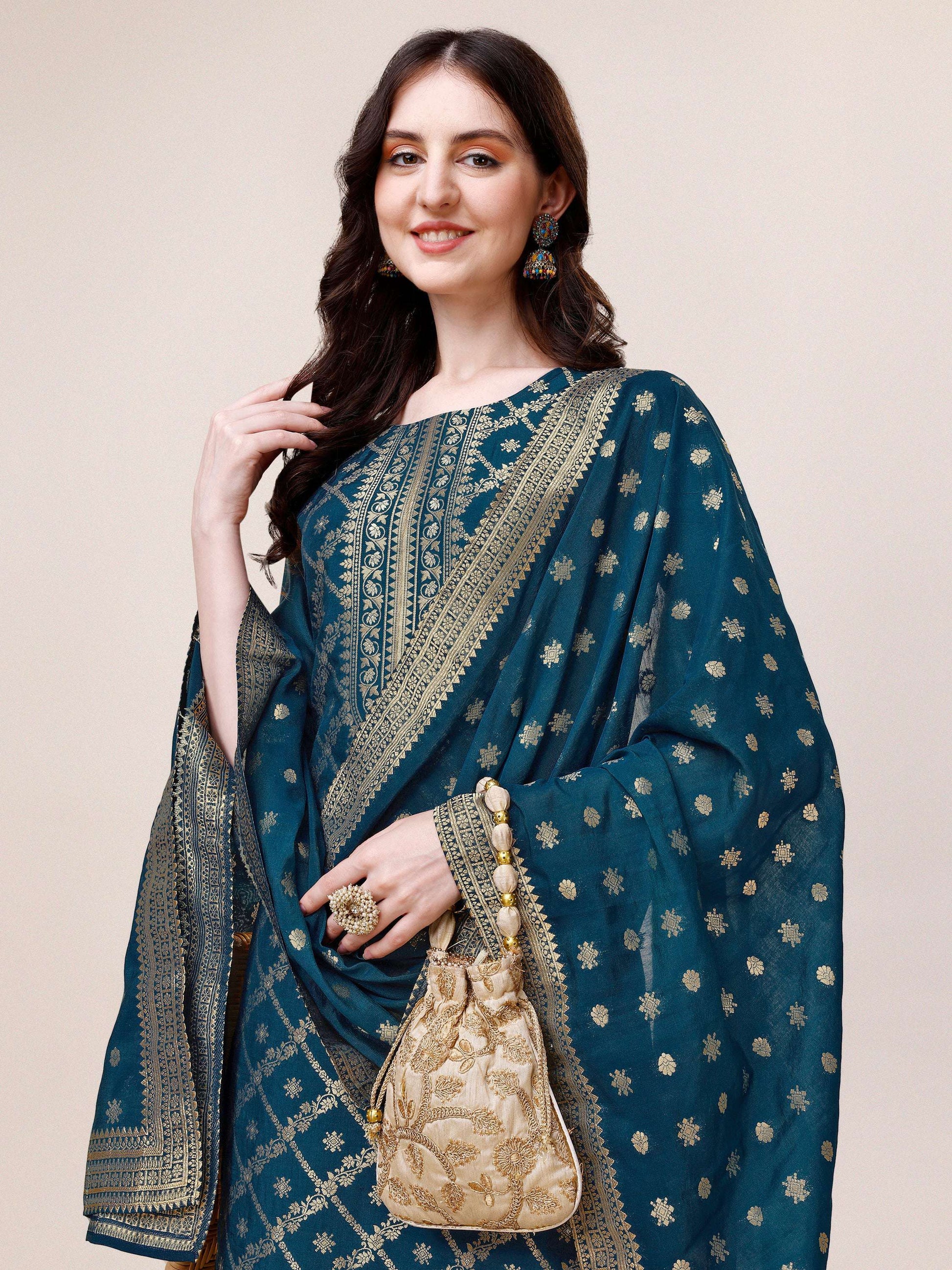 Pure Maslin Jacquard Kurta With Pant And Dupatta Set, Multicolor - Hiral Fashion