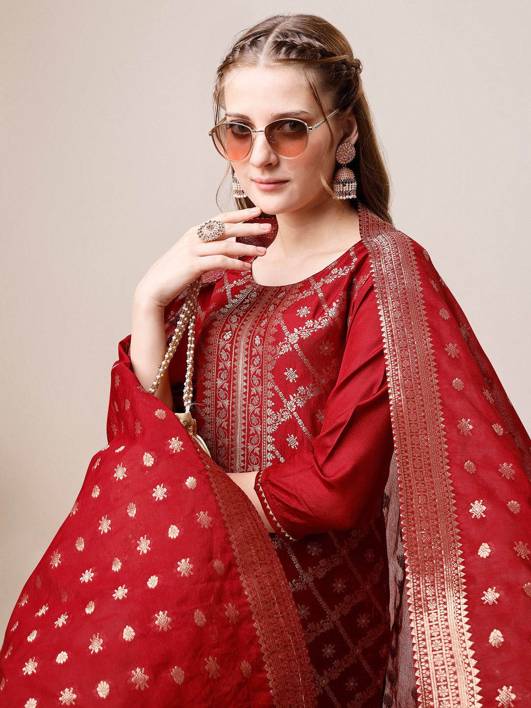 Pure Maslin Jacquard Kurta With Pant And Dupatta Set, Multicolor - Hiral Fashion