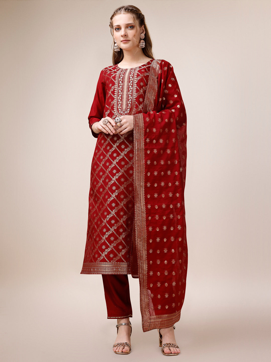 Pure Maslin Jacquard Kurta With Pant And Dupatta Set, Multicolor - Hiral Fashion